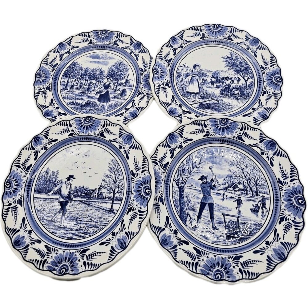 Vintage Luneville France Delfts Blue 9.5" Dinner Dishes The 4 Seasons Lot Of 4